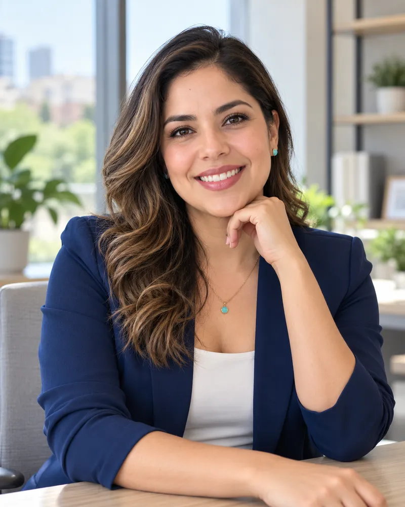 Liz Rodríguez, asesora de seguros, sonriendo en su oficina